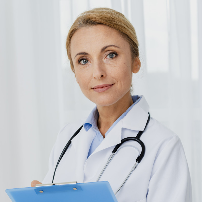 Doctor holding blue clipboard